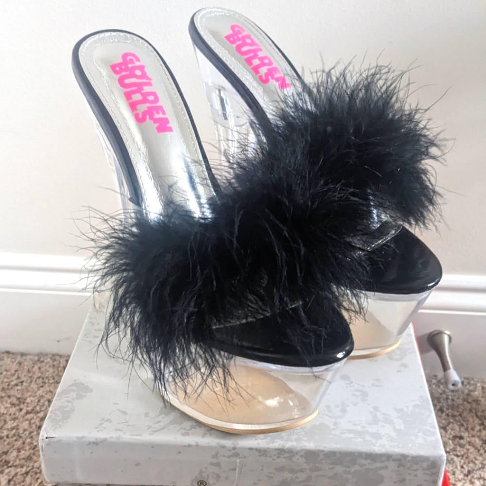 Black feather mules, clear heel